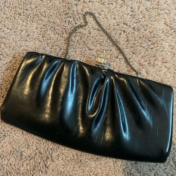 Vintage Black Clutch Snap Leather Bag Shoulder Purse Small Gold Chain - Picture 4 of 7